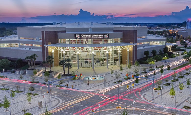 2026-Basketball-ColonialLifeArena_exterior-with-lights-with-adluh-
